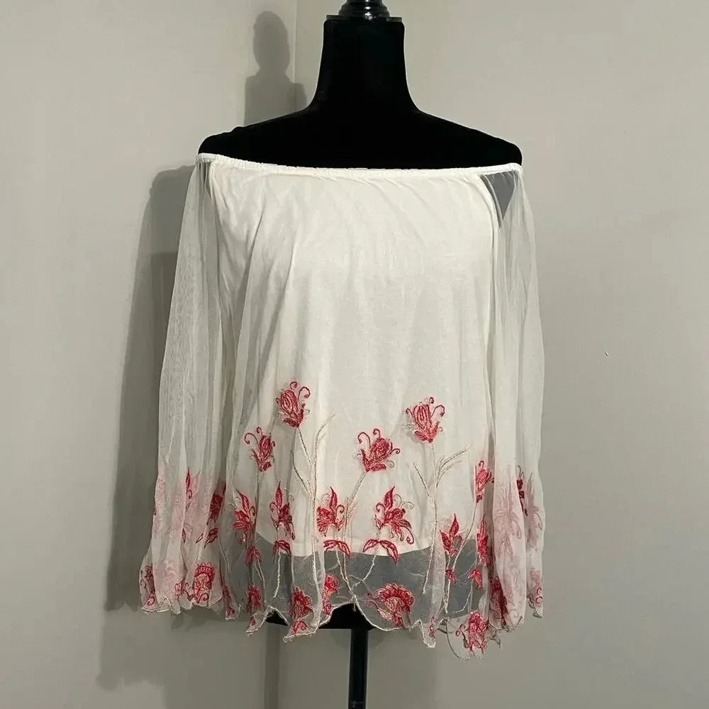 Chico’s Floral Embroidered‎ Off Shoulder Long Sleeve Top